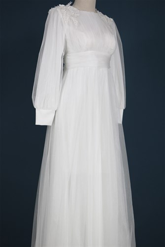 38819 Omuzlar Çiçekli Uzun Tül Elbise