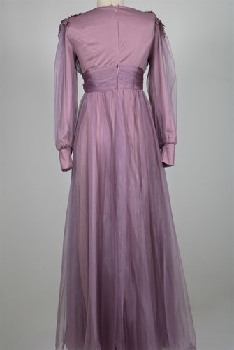 38819 Omuzlar Çiçekli Uzun Tül Elbise