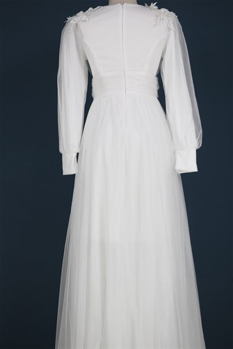 38819 Omuzlar Çiçekli Uzun Tül Elbise