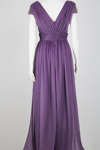 38847 Omuzları Taşlı Büzgülü Uzun Elbise - Lila