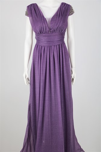 38847 Omuzları Taşlı Büzgülü Uzun Elbise - Lila