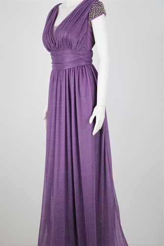 38847 Omuzları Taşlı Büzgülü Uzun Elbise - Lila