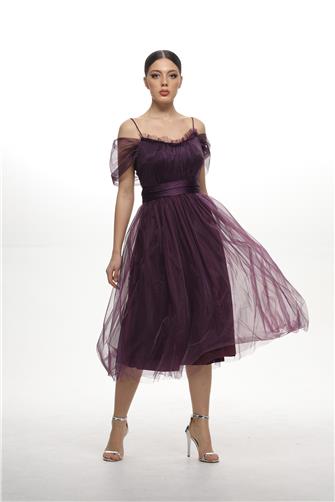 38983 Açık Omuz Büzgülü Tül Elbise - Mürdüm