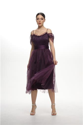 38983 Açık Omuz Büzgülü Tül Elbise - Mürdüm