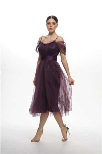 38983 Açık Omuz Büzgülü Tül Elbise - Mürdüm