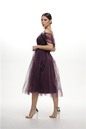 38983 Açık Omuz Büzgülü Tül Elbise - Mürdüm