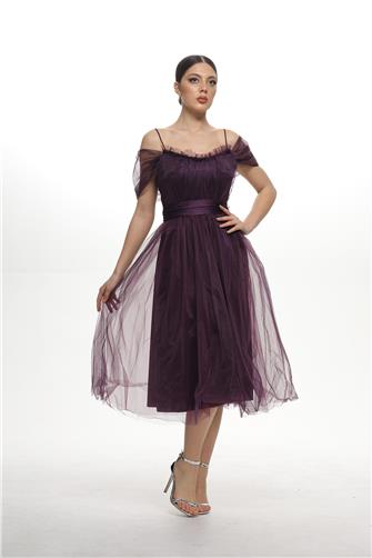 38983 Açık Omuz Büzgülü Tül Elbise - Mürdüm