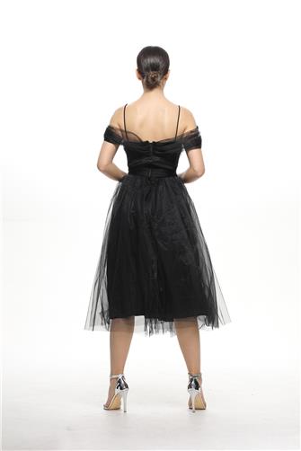 38983 Açık Omuz Büzgülü Tül Elbise - Siyah