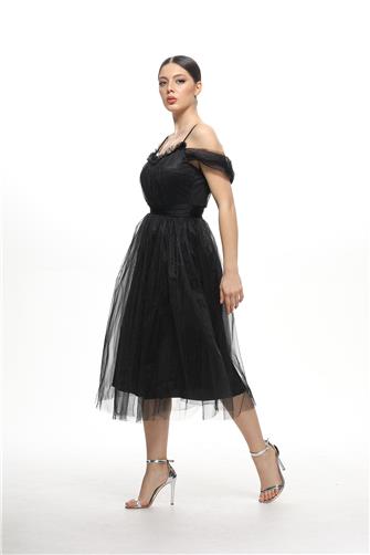 38983 Açık Omuz Büzgülü Tül Elbise - Siyah