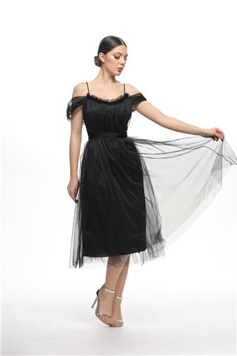 38983 Açık Omuz Büzgülü Tül Elbise - Siyah