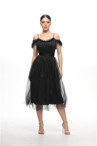 38983 Açık Omuz Büzgülü Tül Elbise - Siyah