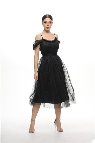38983 Açık Omuz Büzgülü Tül Elbise - Siyah