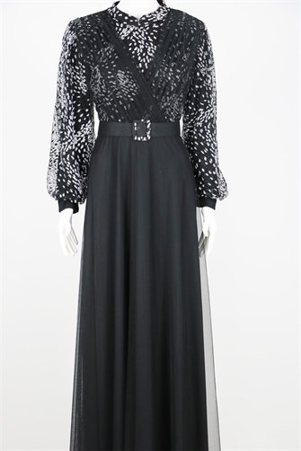 38994 Omuzları Beli Büzgülü Uzun kol U.Elbise - Siyah