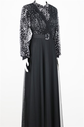 38994 Omuzları Beli Büzgülü Uzun kol U.Elbise - Siyah