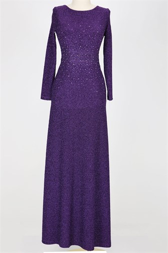 40080 Taş Detaylı Jakarlı Elbise - Mor