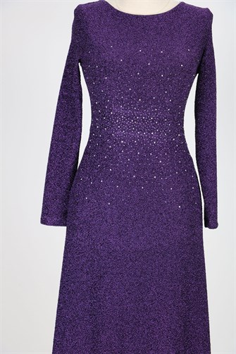 40080 Taş Detaylı Jakarlı Elbise - Mor