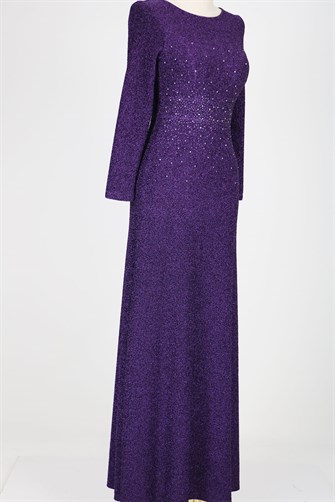 40080 Taş Detaylı Jakarlı Elbise - Mor