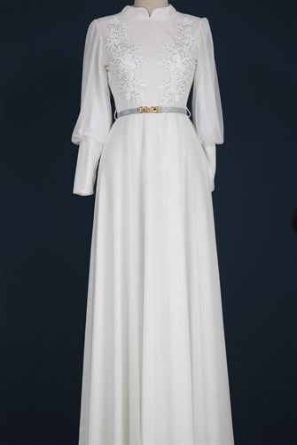 40091 Yaka Ve Kemer Detaylı Simli Elbise