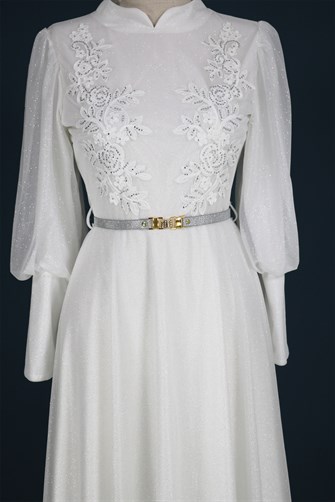 40091 Yaka Ve Kemer Detaylı Simli Elbise