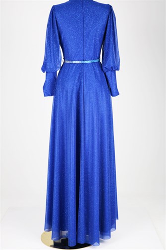 40091 Yaka Ve Kemer Detaylı Simli Elbise