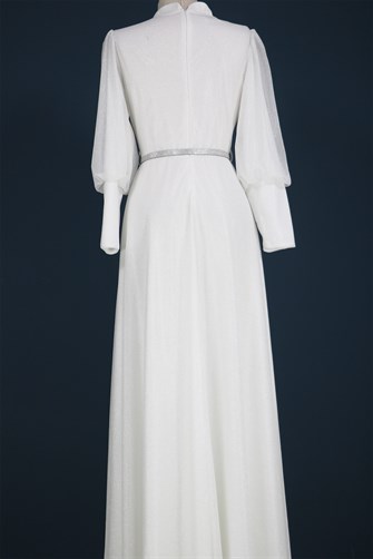 40091 Yaka Ve Kemer Detaylı Simli Elbise