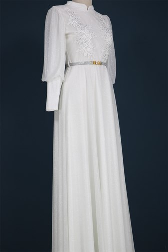 40091 Yaka Ve Kemer Detaylı Simli Elbise