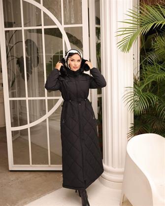 4018 Krinkıl Şapkası Kürklü Kapitone Uzun Mont - Siyah