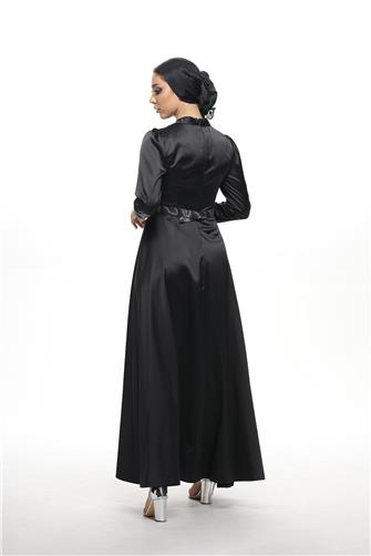 402 Önü Ve Kemeri Desenli Saten Elbise