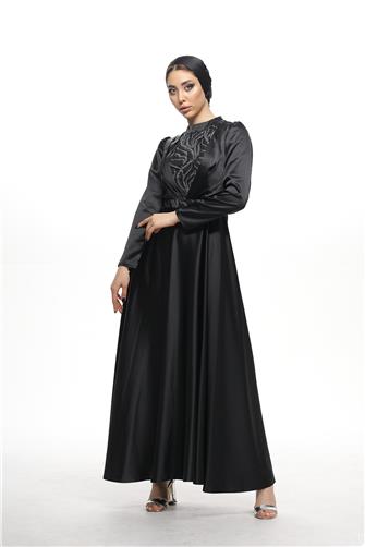 402 Önü Ve Kemeri Desenli Saten Elbise