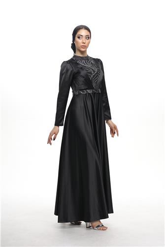 402 Önü Ve Kemeri Desenli Saten Elbise