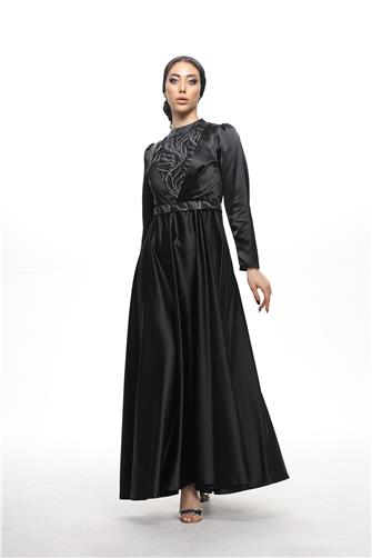 402 Önü Ve Kemeri Desenli Saten Elbise