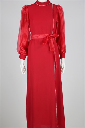 4180 Yakası Ve Önü Taşlı Kolları Organize Elbise - Kırmızı