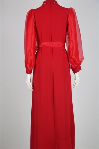 4180 Yakası Ve Önü Taşlı Kolları Organize Elbise - Kırmızı