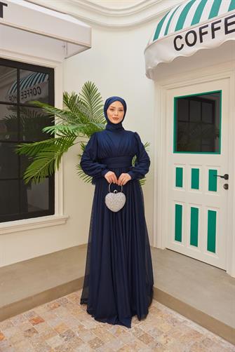 4632 Göğüsü Pileli Abiye Elbise - Lacivert
