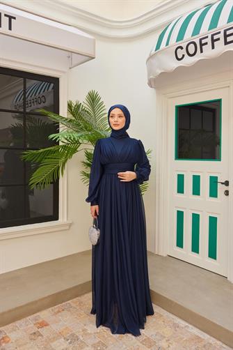 4632 Göğüsü Pileli Abiye Elbise - Lacivert