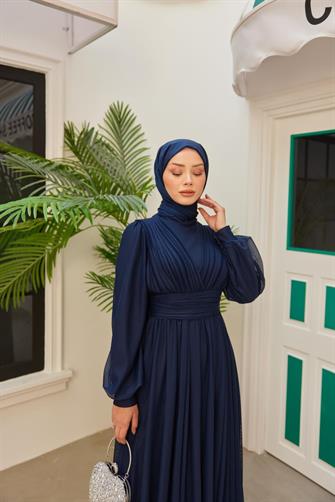 4632 Göğüsü Pileli Abiye Elbise - Lacivert