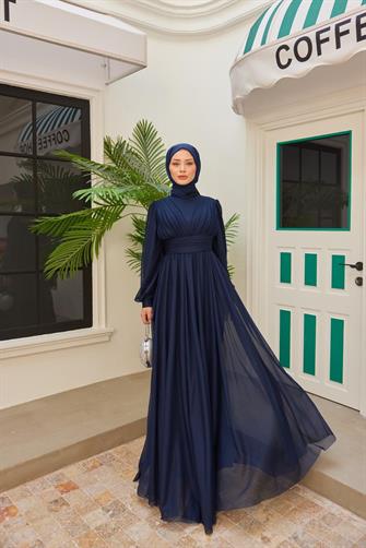 4632 Göğüsü Pileli Abiye Elbise - Lacivert