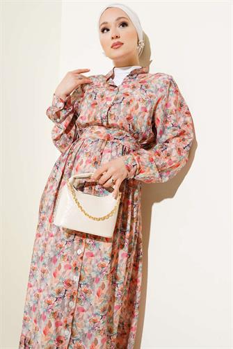 4886 Ebruli Çiçek Desen Boydan Düğmeli Elbise - Pudra