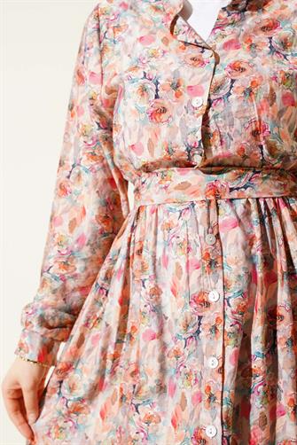 4886 Ebruli Çiçek Desen Boydan Düğmeli Elbise - Pudra