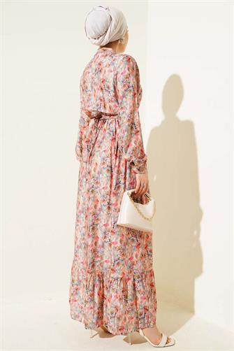 4886 Ebruli Çiçek Desen Boydan Düğmeli Elbise - Pudra