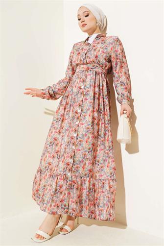 4886 Ebruli Çiçek Desen Boydan Düğmeli Elbise - Pudra