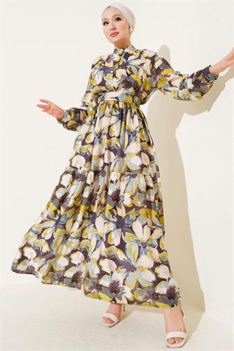 4932 Bel Lastikli Düğmeli Çiçek Desen Elbise - Yağ Yeşili