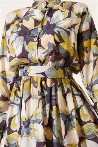 4932 Bel Lastikli Düğmeli Çiçek Desen Elbise - Yağ Yeşili