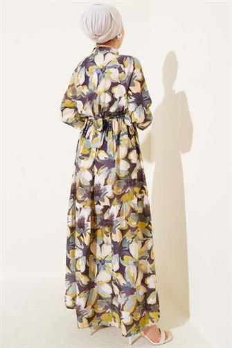 4932 Bel Lastikli Düğmeli Çiçek Desen Elbise - Yağ Yeşili