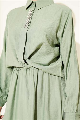 4945 Taşlı Etekli Çilek Takım - Mint Yeşili