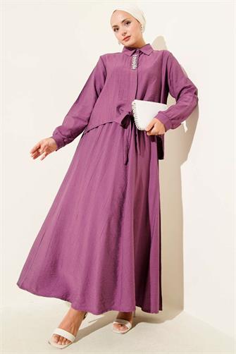 4945 Taşlı Etekli Çilek Takım - Mürdüm