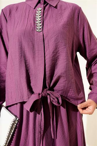 4945 Taşlı Etekli Çilek Takım - Mürdüm