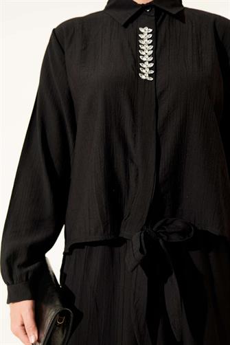 4945 Taşlı Etekli Çilek Takım - Siyah