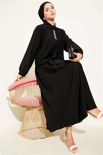 4945 Taşlı Etekli Çilek Takım - Siyah