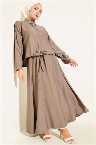 4945 Taşlı Etekli Çilek Takım - Toprak